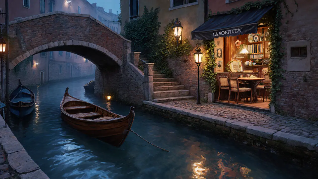 Navigli canals at night with lantern-lit boats and a hidden bar window glowing warmly.