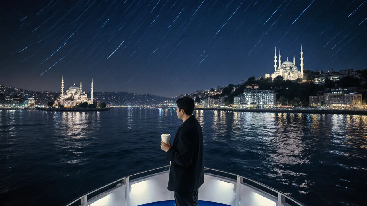 Night ferry crossing the Bosphorus with mirrored city lights and stars above.
