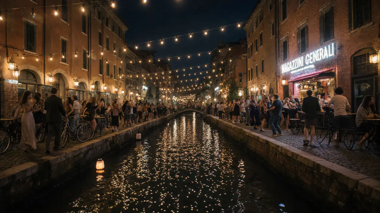 Nighttime scene of Navigli canals with string lights, dancing crowds, and warehouse club glowing under stars