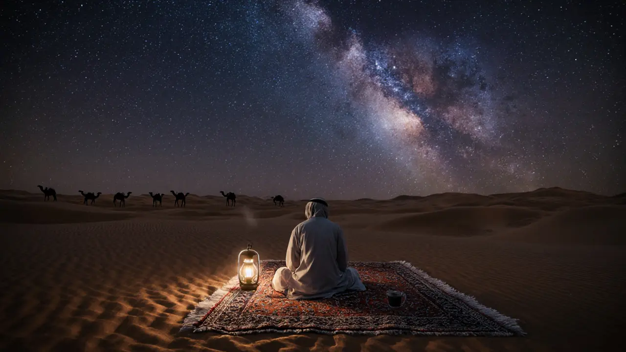 Person sitting under a star-filled desert sky with warm lantern light.