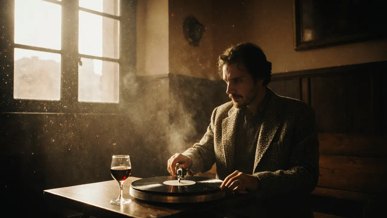 Quiet jazz club at dawn with a man spinning vinyl, a glass of wine, and moonlight streaming through windows.