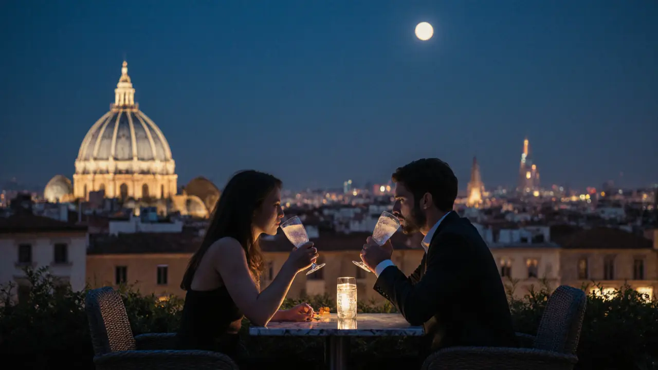 Rooftop bar at night with a view of Milan’s Duomo, two people sipping cocktails in quiet contemplation.