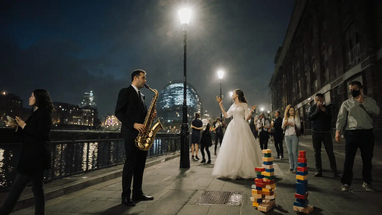 Saxophonist and woman in wedding dress playing music under a streetlamp at midnight in East London.