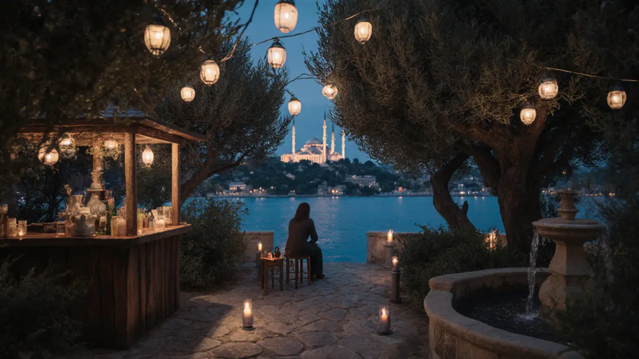 Secret garden at Çırağan Palace with lanterns, fountain, and distant mosque lights.