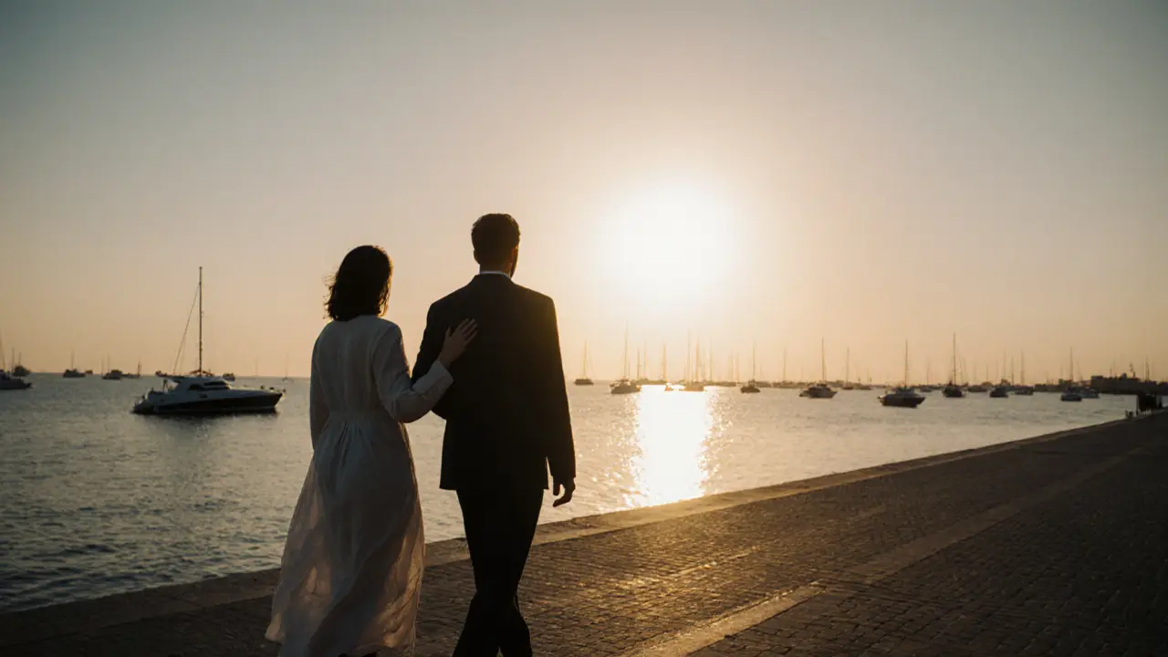 Silhouettes of a man and woman walking along the Corniche at sunset, sharing a peaceful moment.