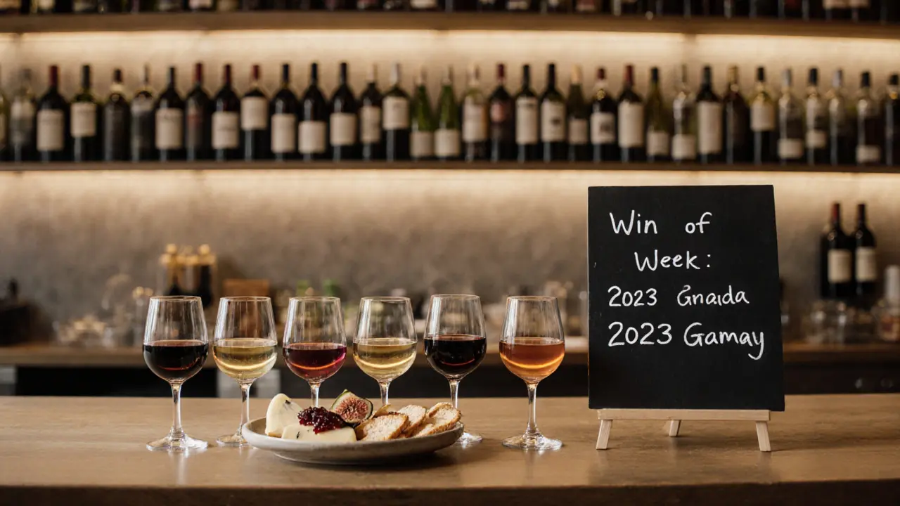 Six small wine glasses on a wooden counter with artisanal cheese and crisps, labeled 'Wine of the Week'.