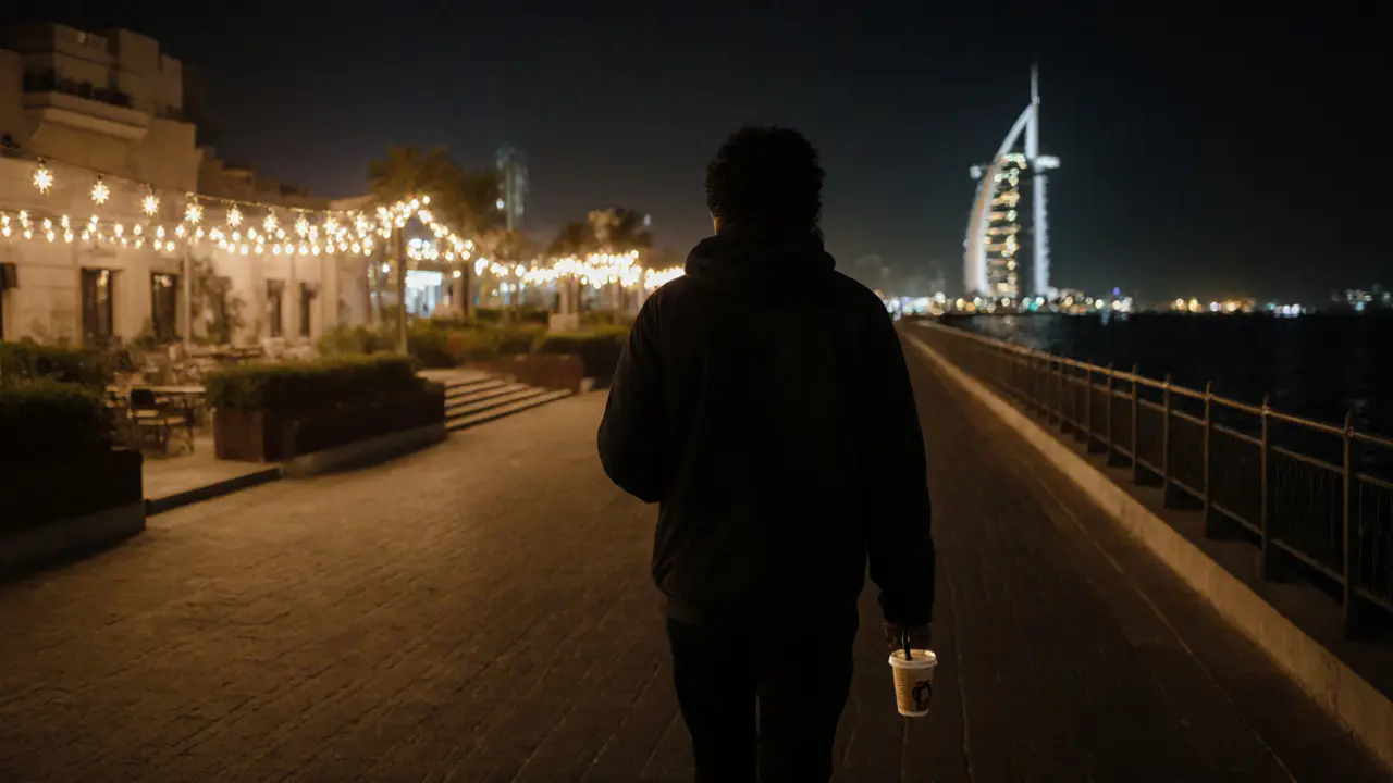 Solo traveler walking peacefully along the lit Corniche with a cup of Arabic coffee.