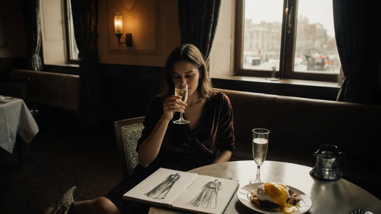 Solo woman at The Wolseley at dawn, in a rumpled velvet dress, sipping champagne beside an open sketchbook.