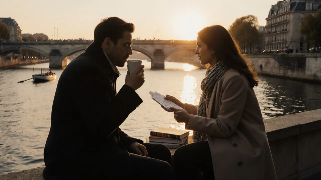 Sunrise on the Seine with two people sharing a handwritten note and coffee.