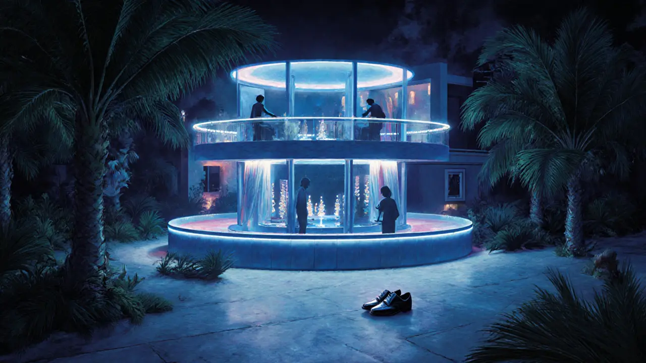 Three-level Blue Bay nightclub at night, palm trees below, dance floor glowing, VIP area above.