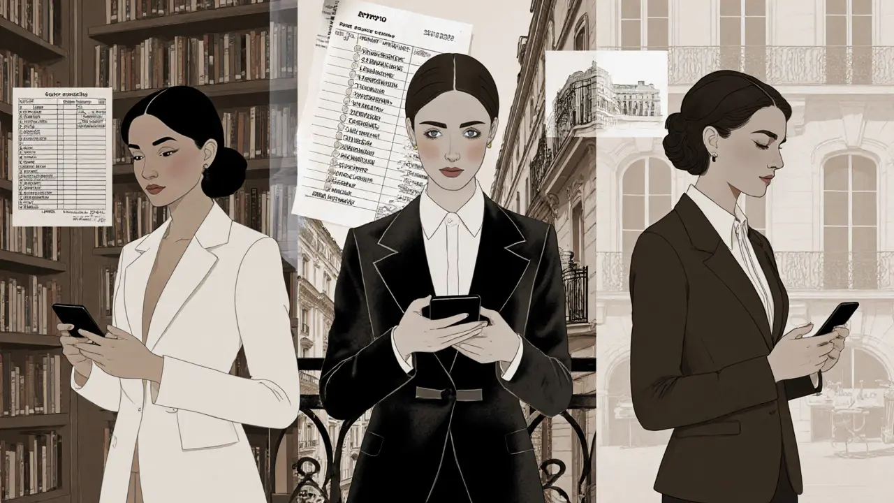 Three women in elegant clothes stand in iconic Paris locations, holding encrypted phones.