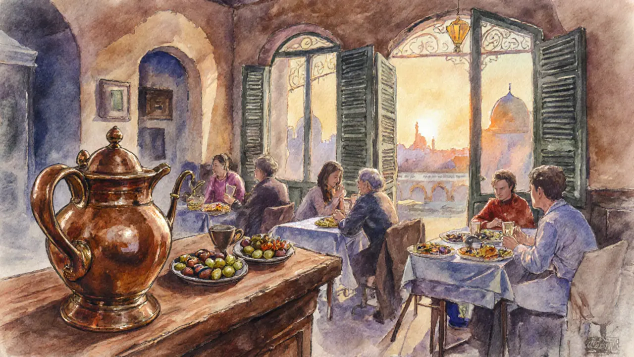 Traditional Ottoman tavern at dawn, raki pots and meze on wooden tables as morning light enters.