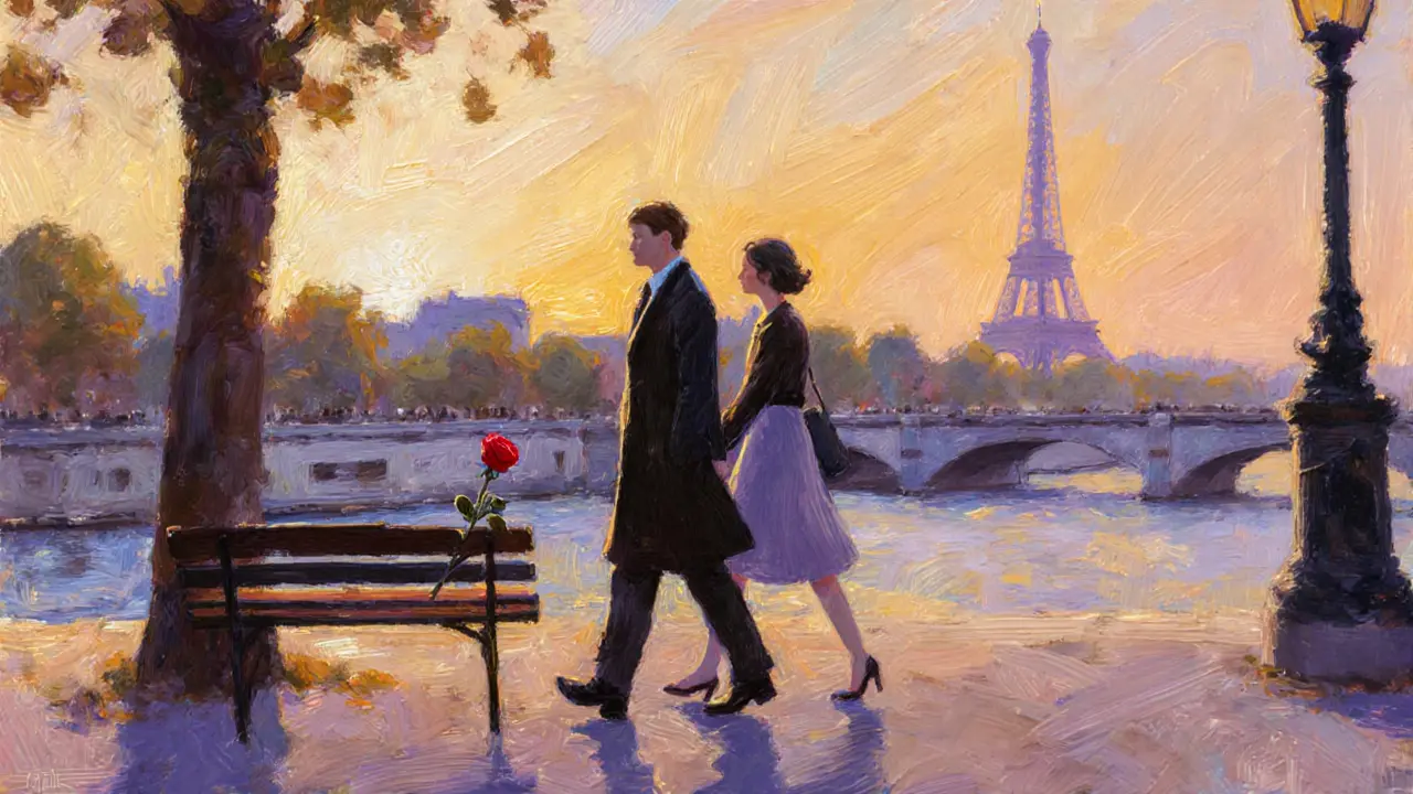 Two figures walk silently along the Seine at sunset, Eiffel Tower in distance, a single rose on a bench beside them.