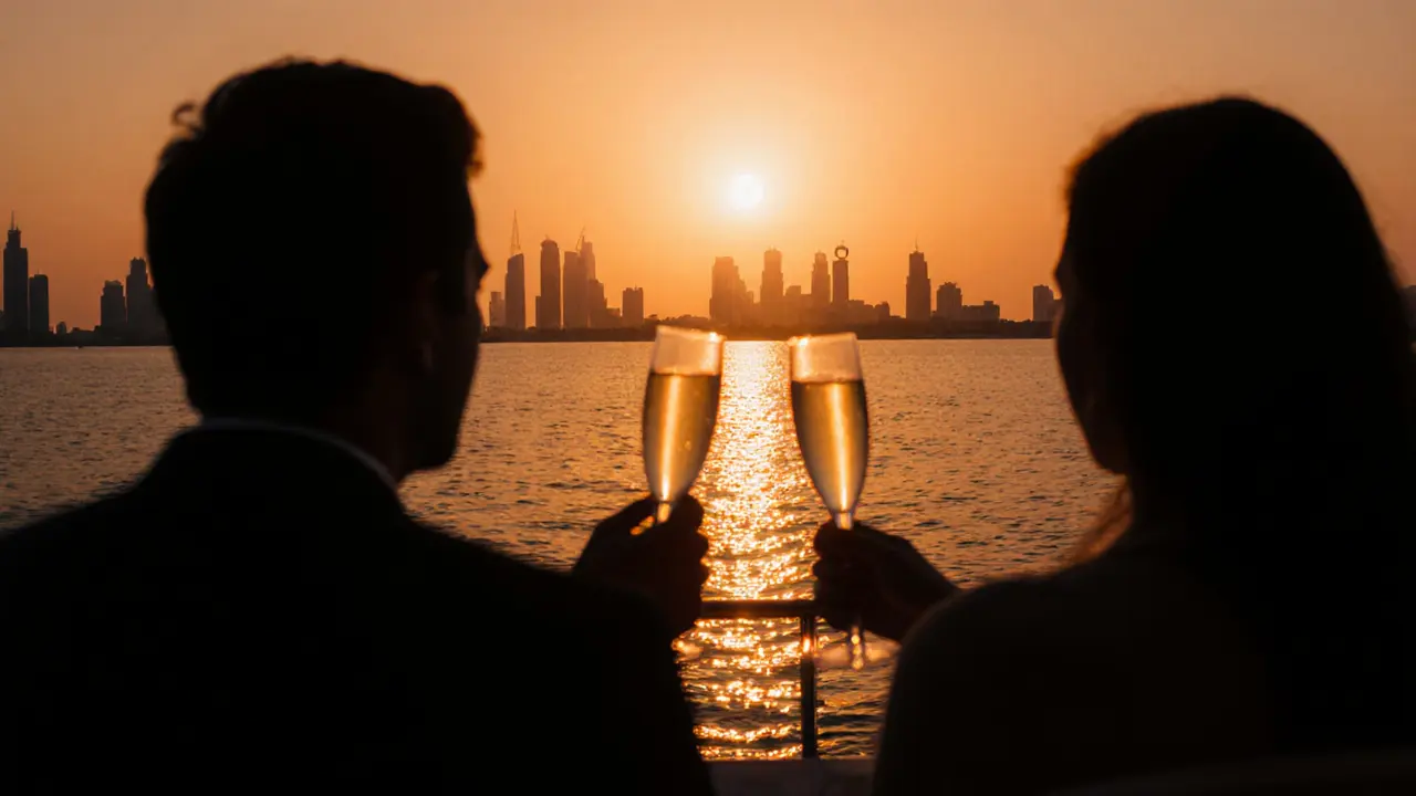 Two people on a private yacht at sunset, silhouetted against the horizon with calm waters and distant city lights.