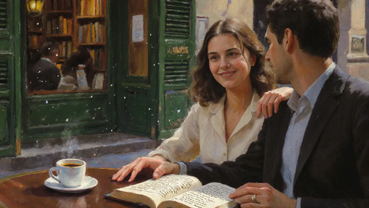 Two people sit at a quiet Parisian café, sunlight filtering through the trees as one reads and the other smiles.
