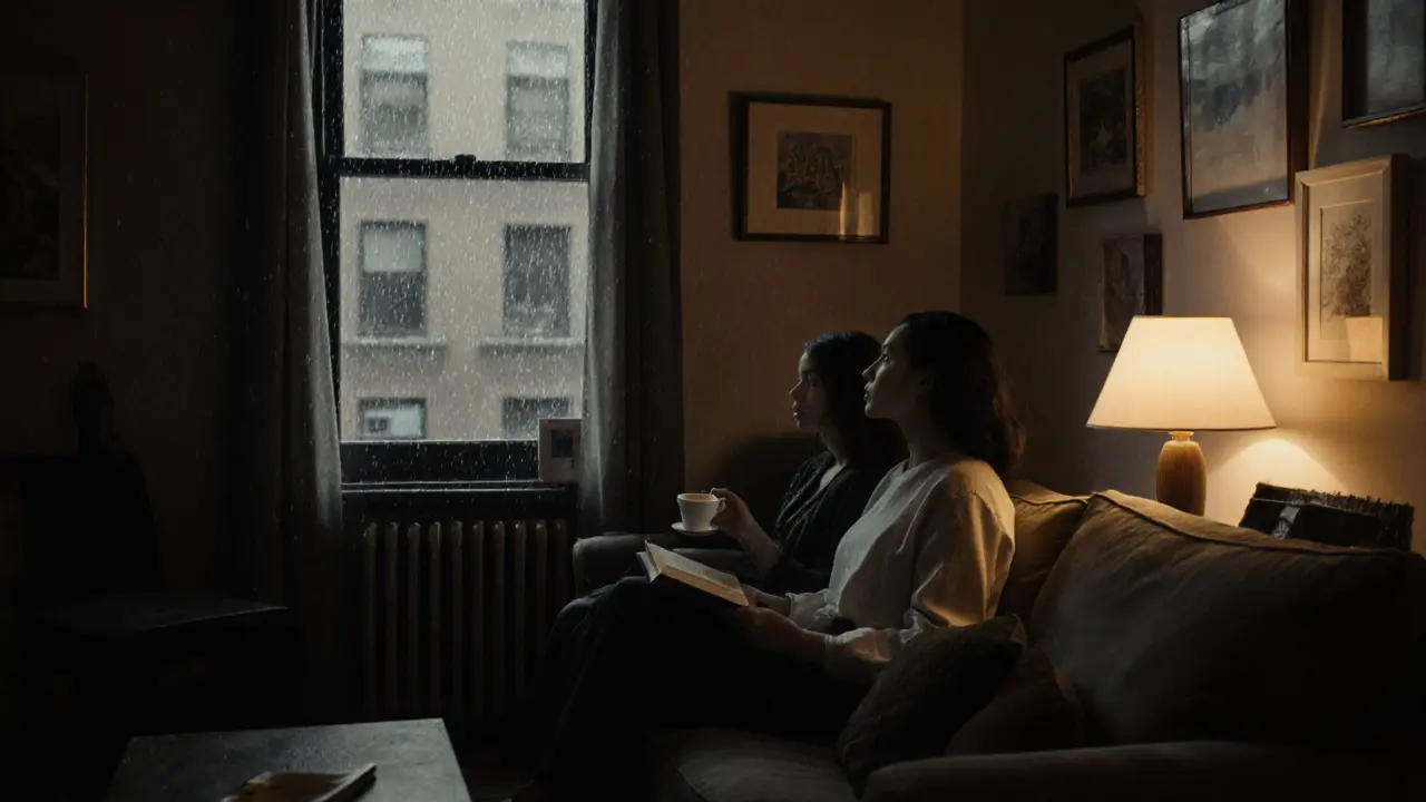 Two people sit together in quiet companionship by a window, watching rain fall, sharing a peaceful moment without words.