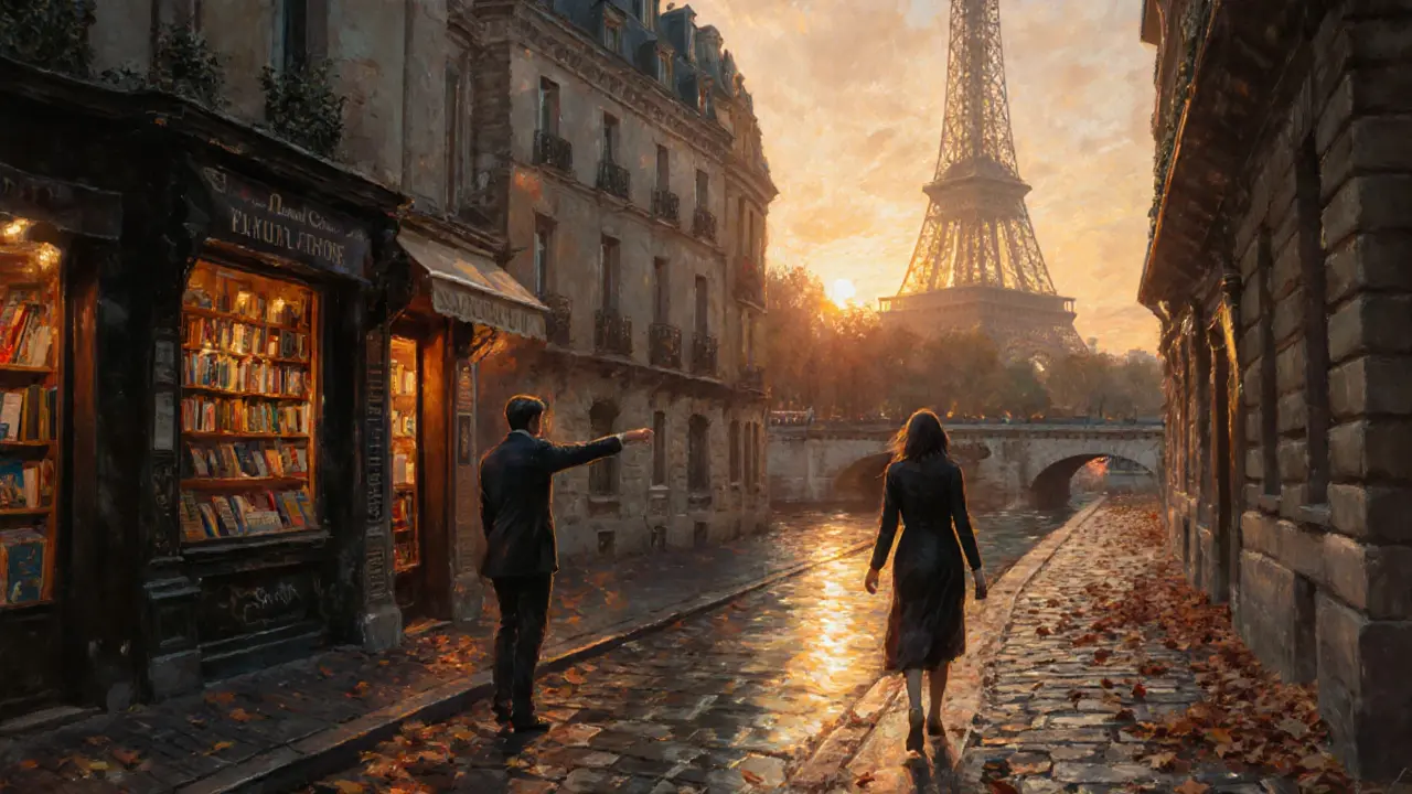 Two people walking along the Seine at sunset, pointing toward a hidden bookstore.