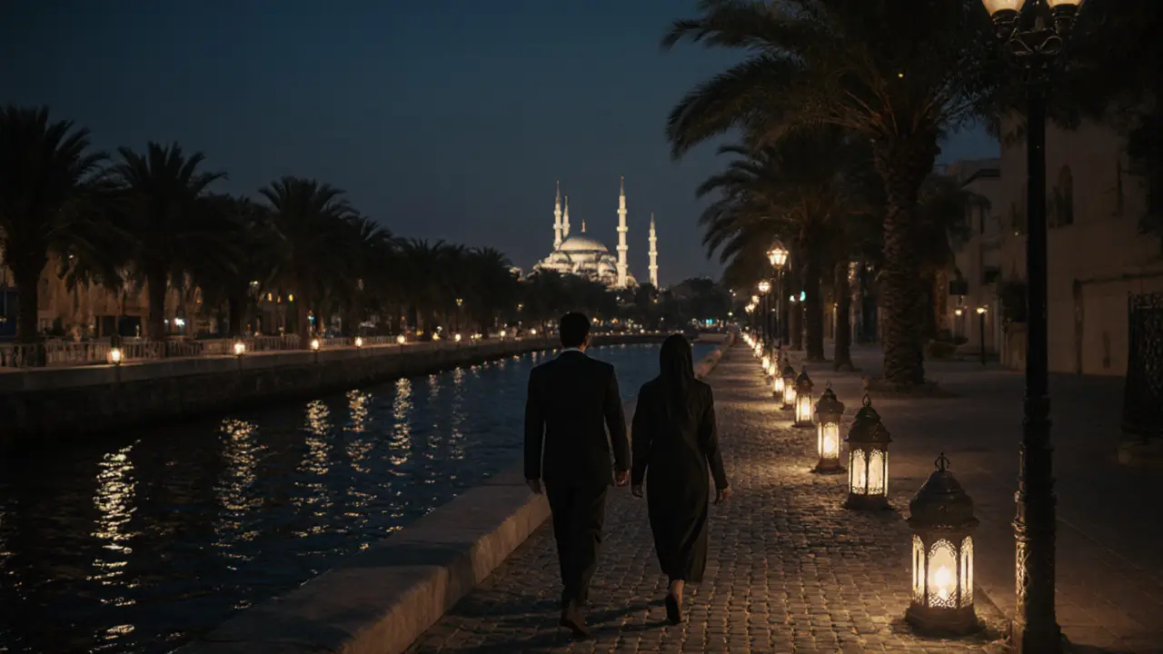 Two people walking quietly along a lantern-lit canal in Abu Dhabi at night, shadows on cobblestones.