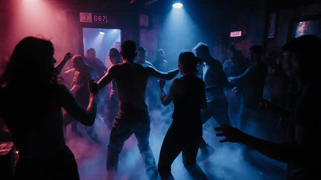 Underground club Club 21 at night, crowded with dancers under pulsing neon lights.