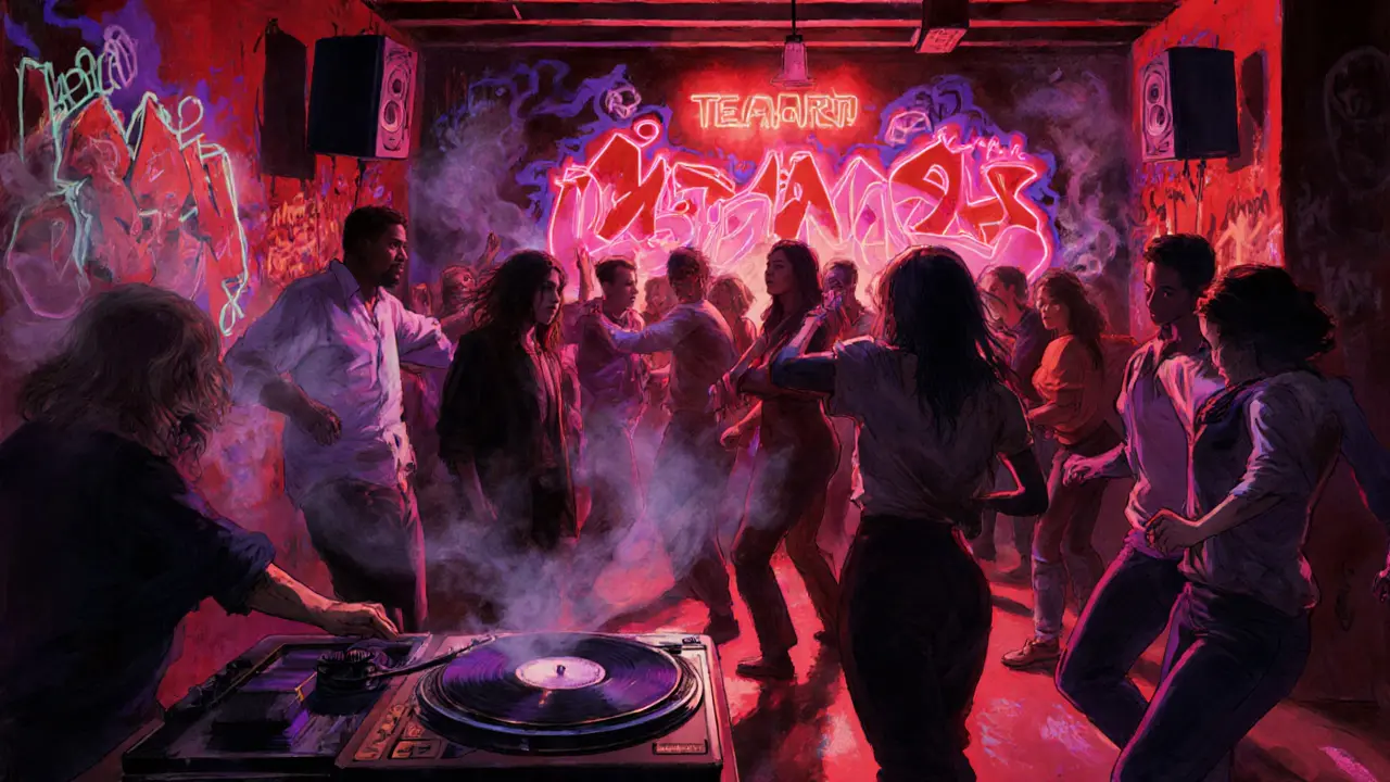 Underground club scene with dancing crowd, neon graffiti, and a DJ spinning vinyl in a dimly lit basement.