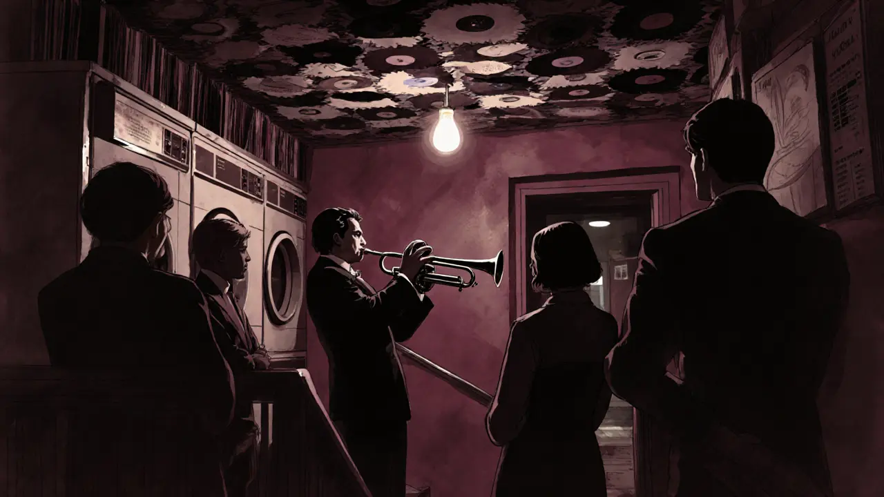 Underground jazz cellar with vinyl-lined walls and a trumpet player performing under a single bulb.