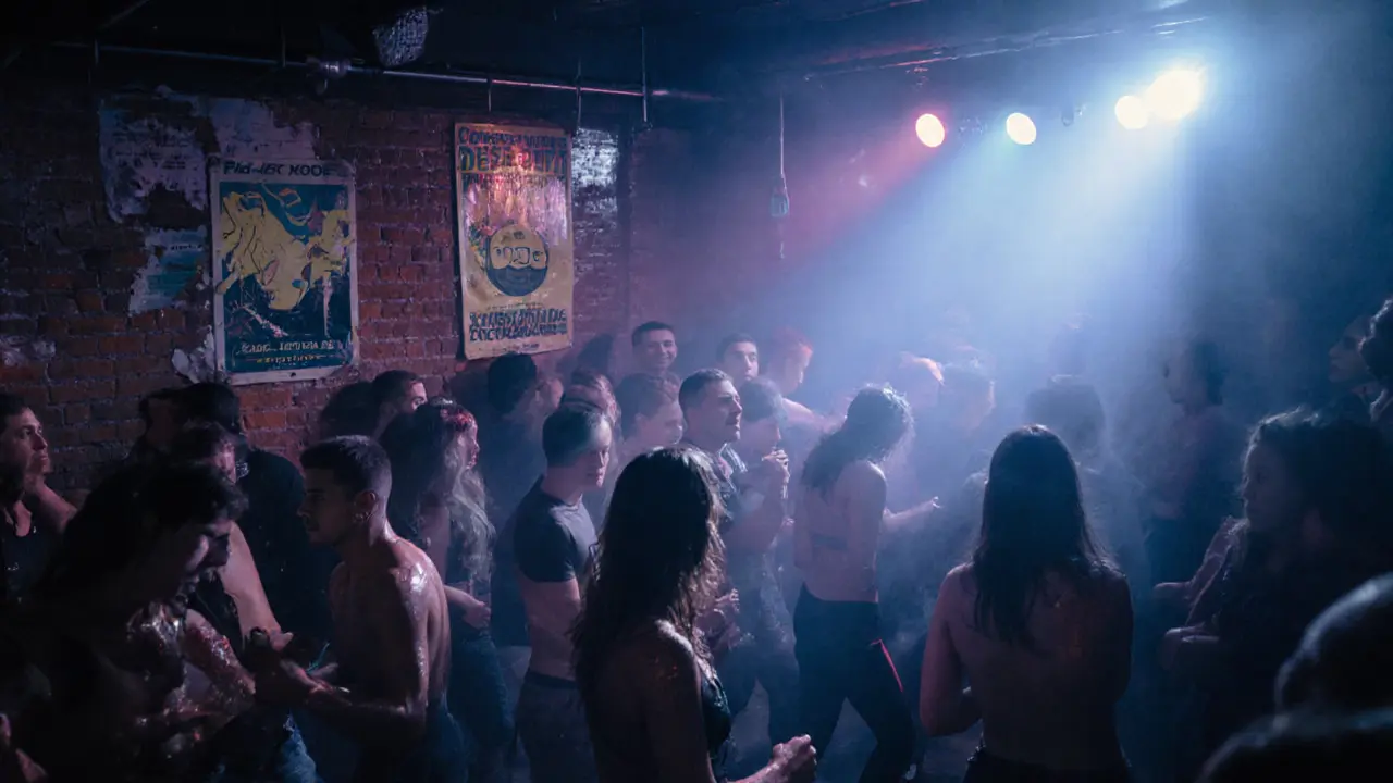 Underground techno club with pulsing lights and dancers in a smoky basement, raw and immersive atmosphere.