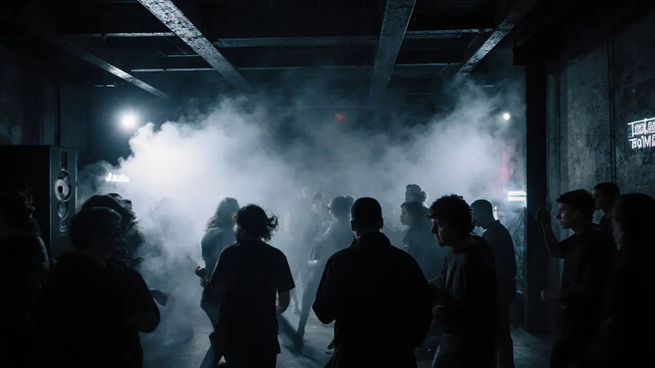 Underground warehouse club with fog, strobe lights, and a crowd dancing in dark minimalist fashion.