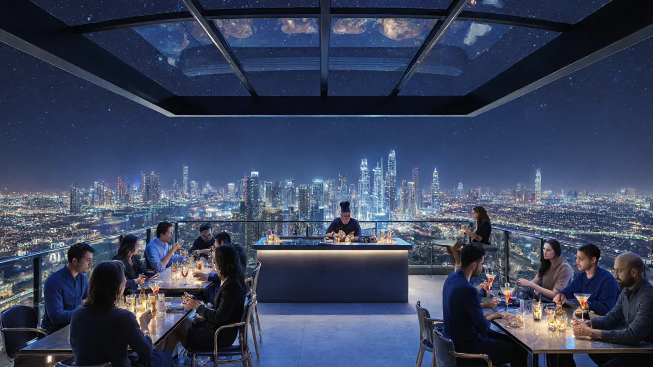 Vertigo rooftop lounge with panoramic city views, guests sipping cocktails under a starry open sky.