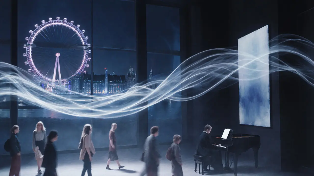 Visitors wander among glowing abstract paintings at Tate Modern, sound waves visible as silvery ribbons in the air.