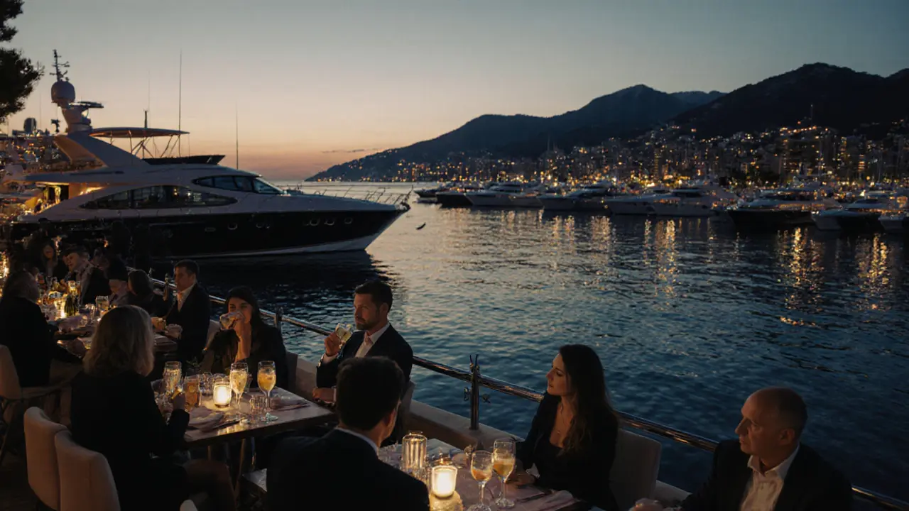 Yachts reflecting city lights on Port Hercules at dusk, sophisticated guests by the water.