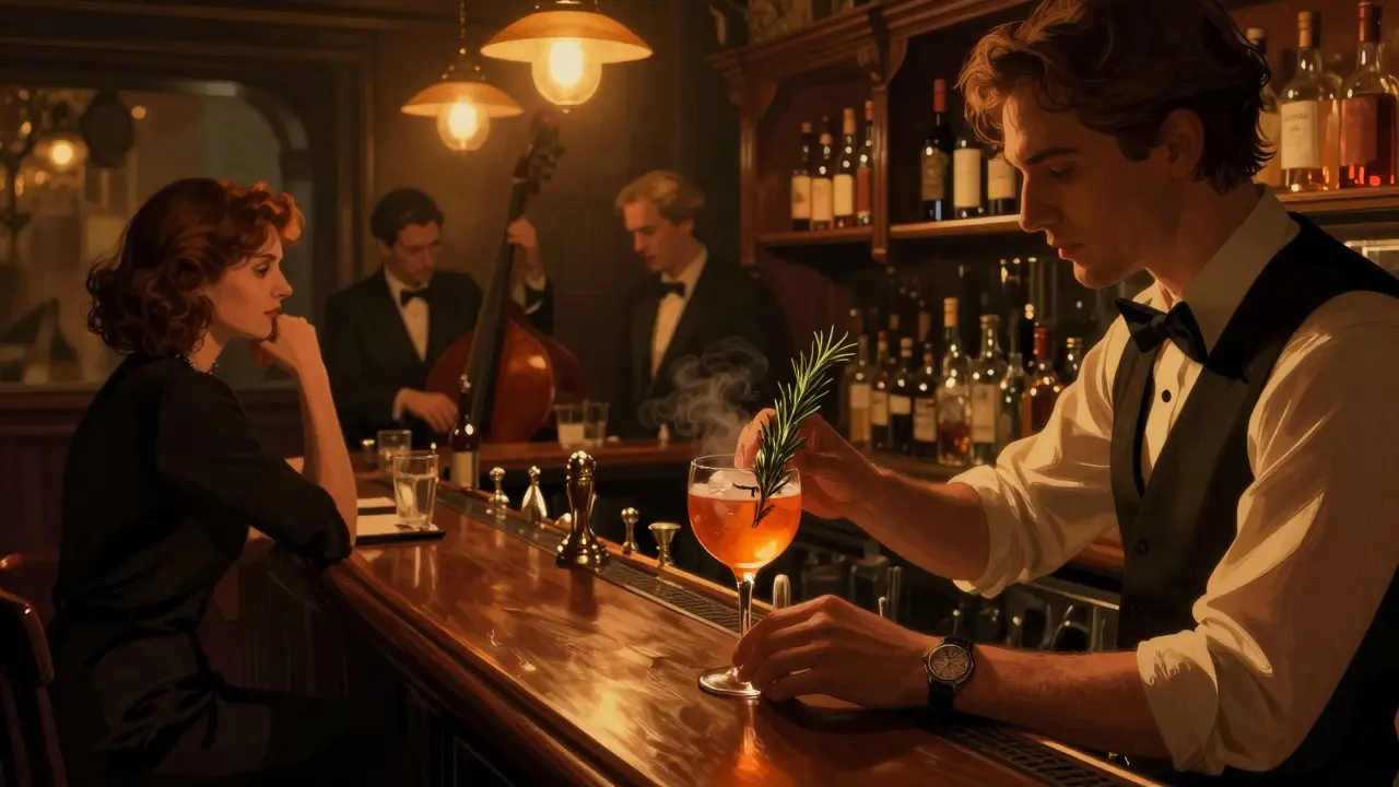 A bartender crafting a smoky cocktail in a dim, intimate jazz bar.