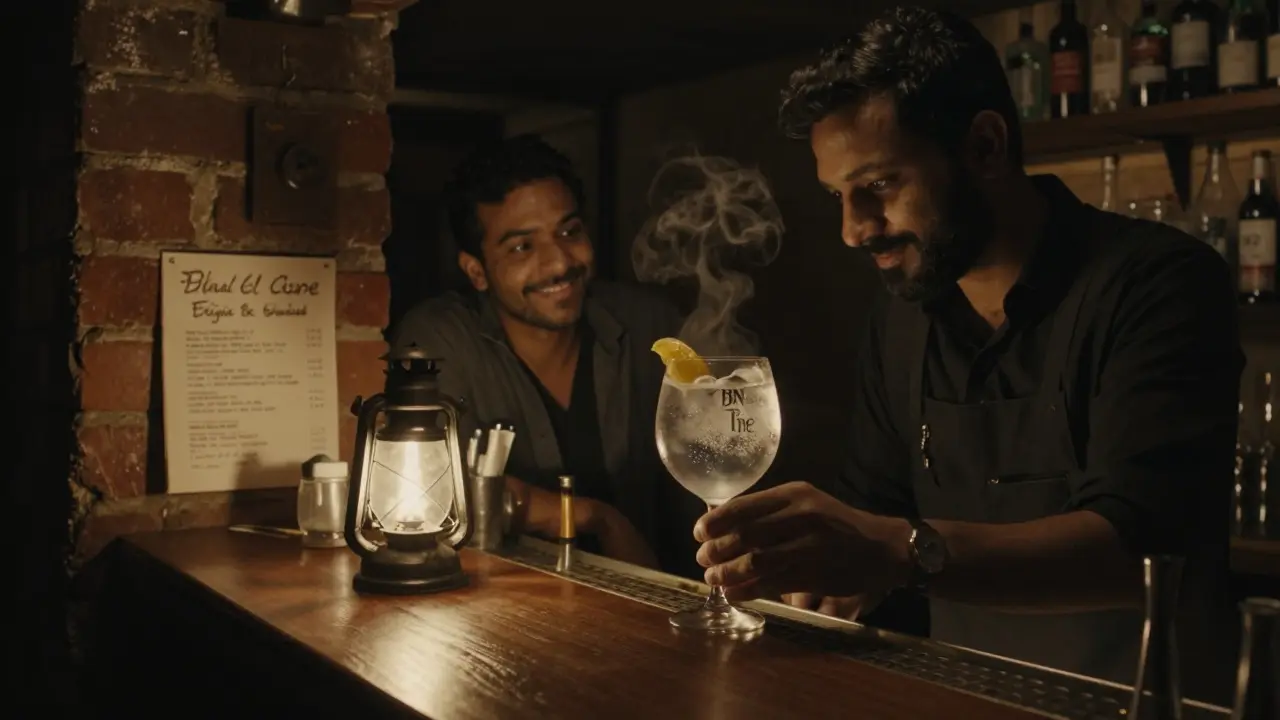 A bartender preparing a premium gin and tonic in a hidden basement bar lit by a single lantern.