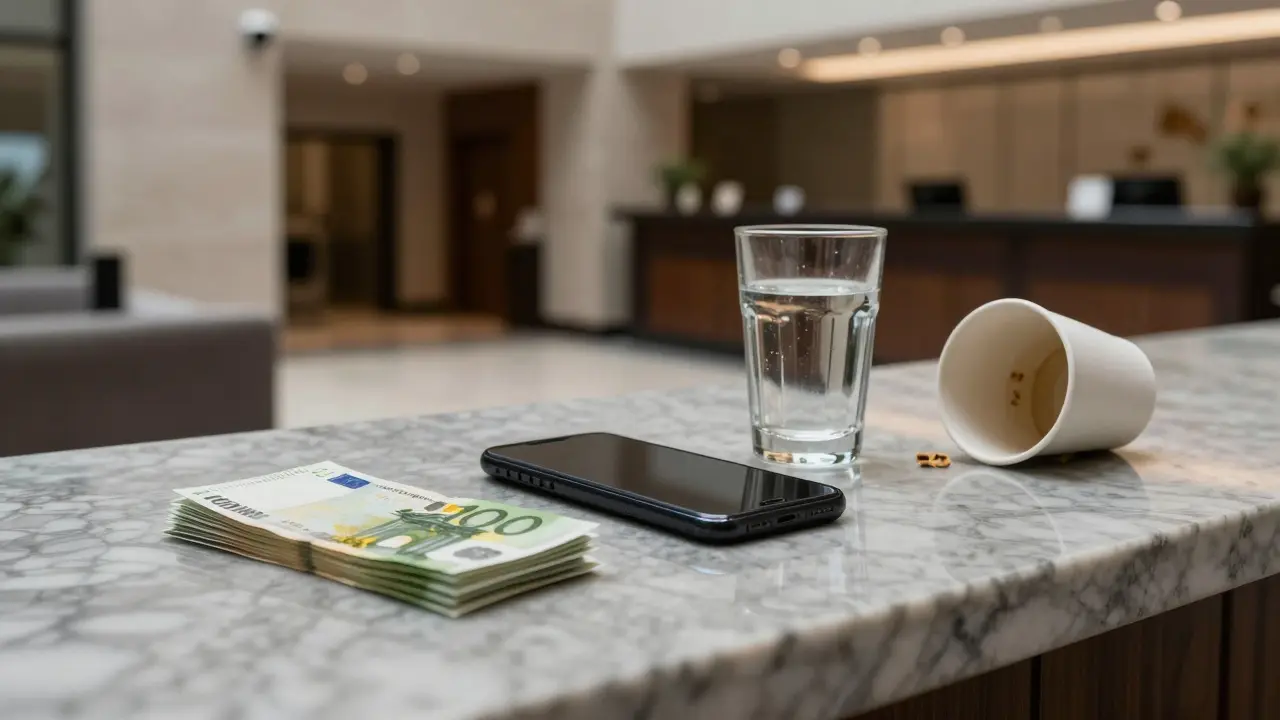 A burner phone and cash on a countertop, with a hotel lobby blurred in the background.