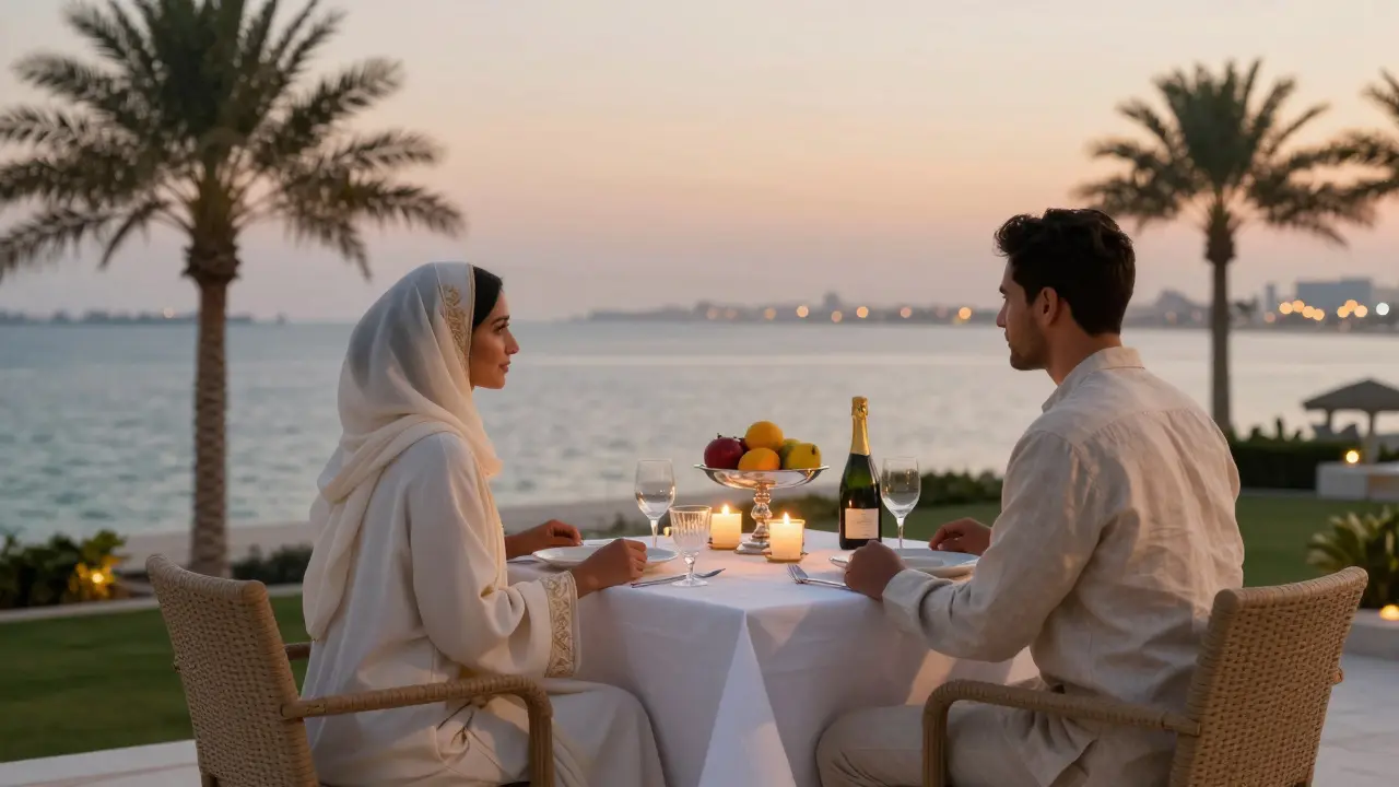 A candlelit dinner on a private villa terrace at sunset, with elegant attire and serene Gulf views.
