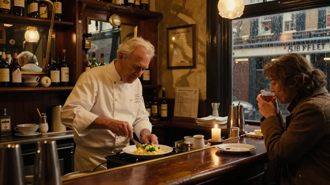 A chef stirring truffle eggs at The French House pub at 1 a.m., candlelight and rain on the window.