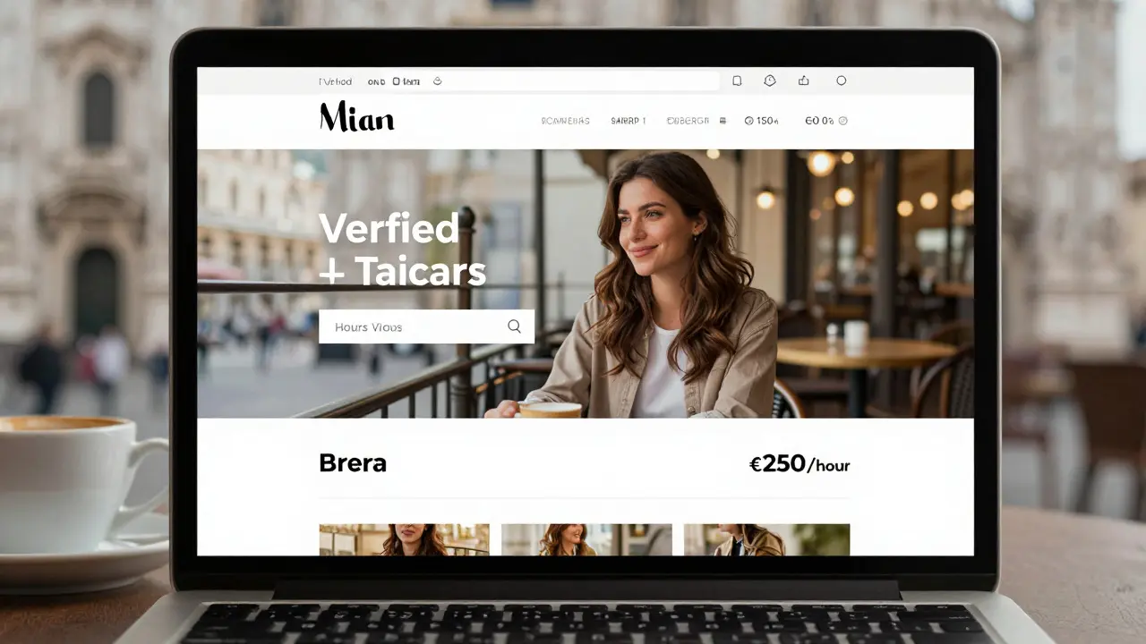 A clean agency website on a laptop showing a woman beside a Brera café with clear pricing.