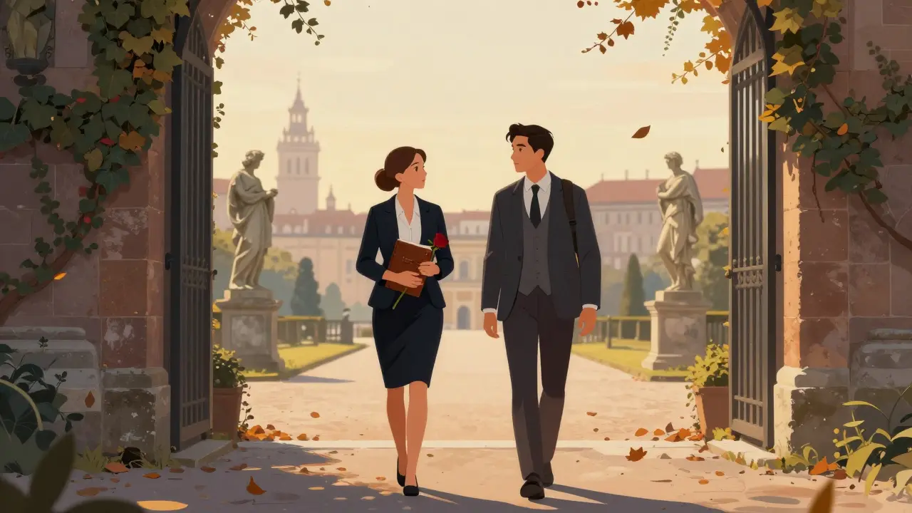 A companion and traveler walking peacefully through Sforza Castle gardens at sunset, surrounded by autumn leaves and historic walls.