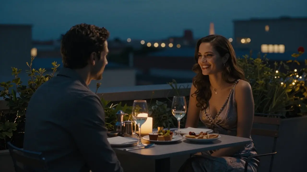 A couple enjoying wine and appetizers on a quiet Milan rooftop at twilight, city lights glowing behind them.