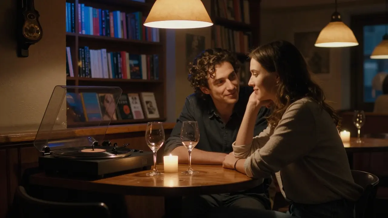 A couple enjoying wine and jazz in a cozy Prenzlauer Berg bar with candlelight and vinyl records.