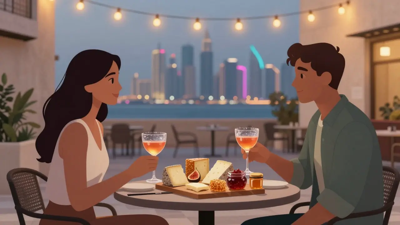 A couple sharing a cheese board and drinks at an outdoor table in Dubai’s Alserkal Avenue during dusk.