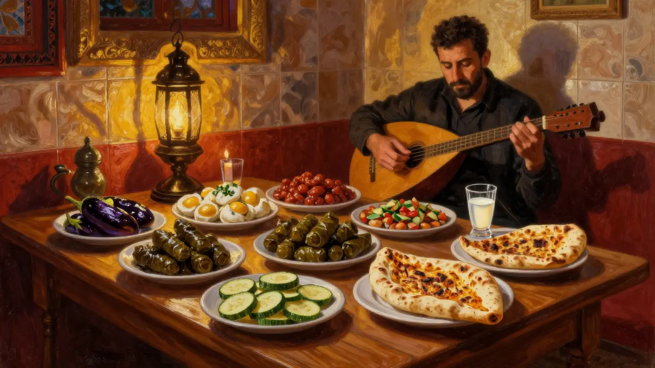 A cozy Ottoman-style meyhane with diners enjoying mezes and live oud music under warm lantern glow.