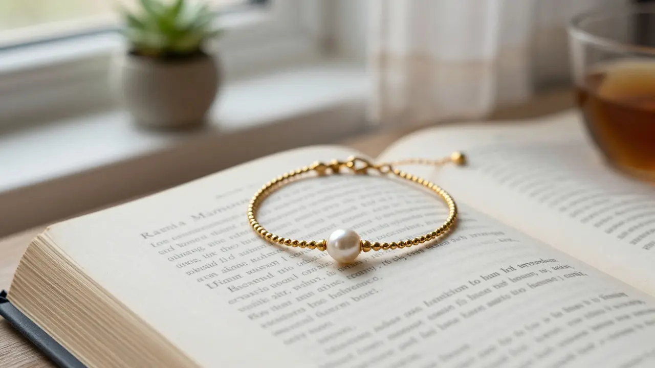 A delicate gold bracelet with a pearl resting on an open book by a female Arab author.