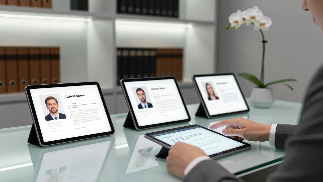 A discreet luxury agency office with anonymized profiles and secure technology for elite companionship arrangements.