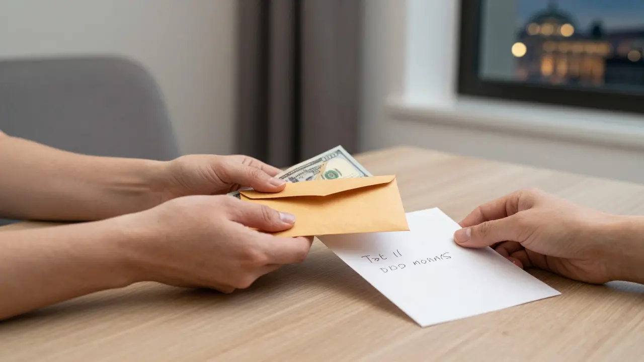 A hand offering cash and a handwritten note on a wooden table in a quiet hotel room.