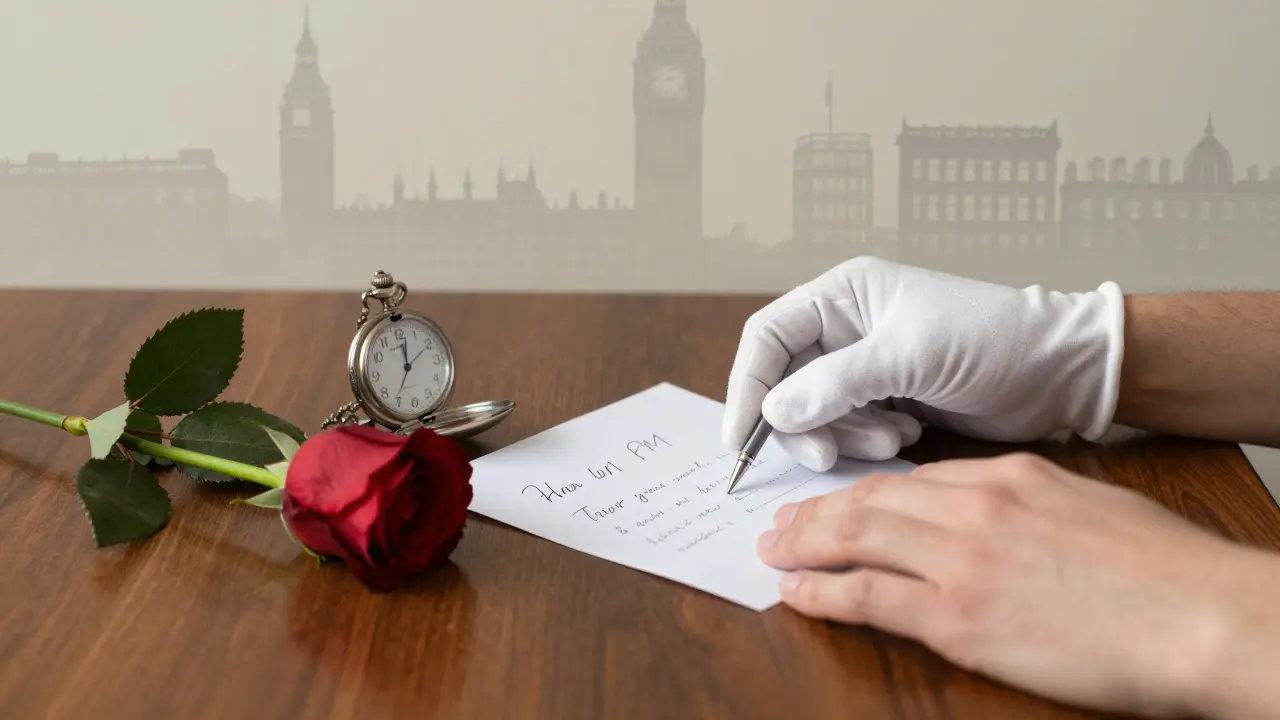 A handwritten note and rose on a table beside a pocket watch, symbolizing a respectful farewell.