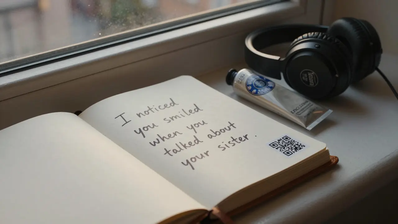 A handwritten note beside headphones and hand cream on a windowsill with golden light.