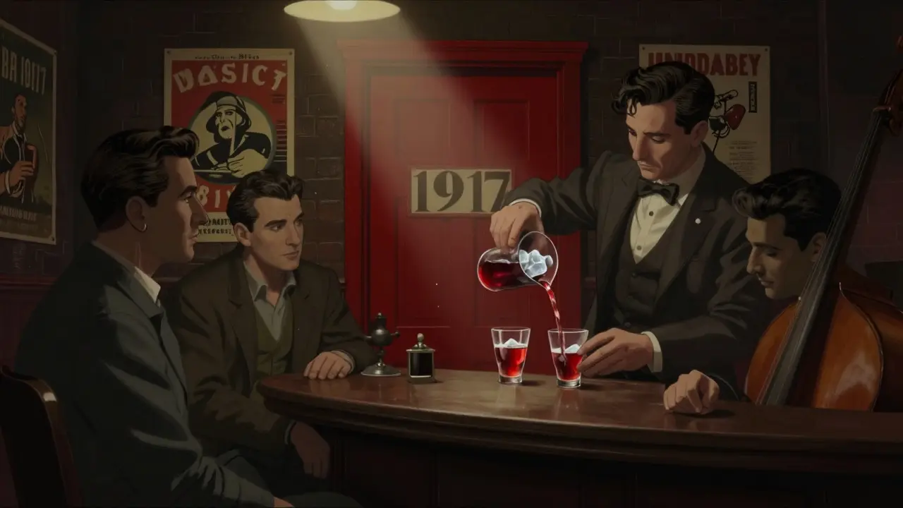 A hidden speakeasy with warm lighting, patrons conversing quietly over glasses of rakı.