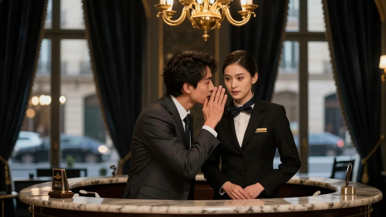 A hotel concierge discreetly speaking with a guest at a luxury Paris hotel desk.