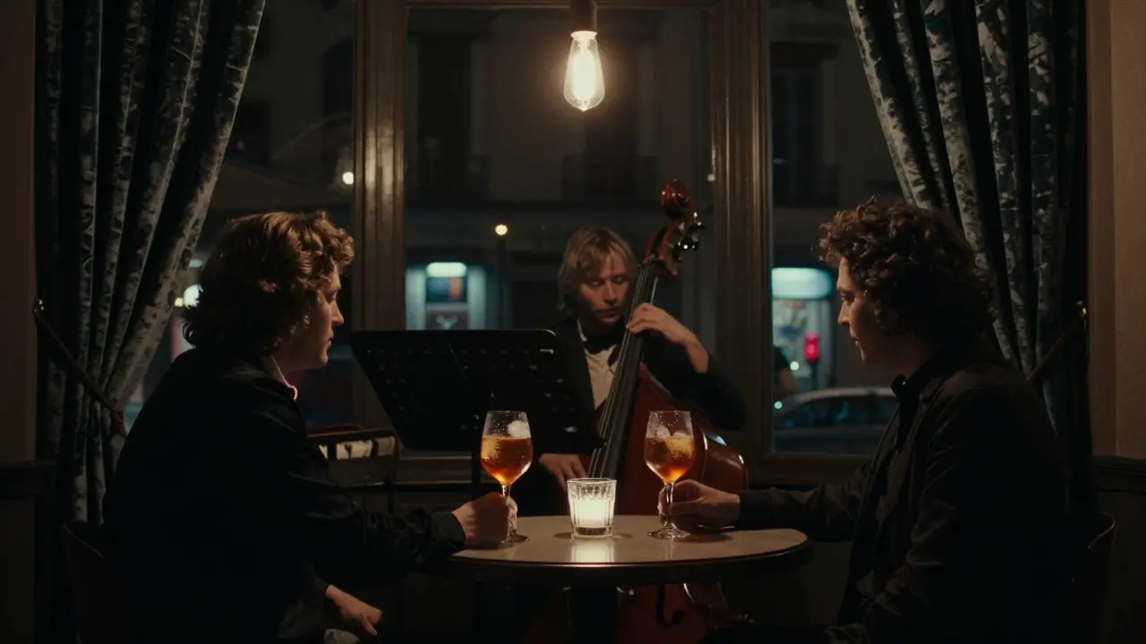 A jazz trio plays softly as two people enjoy drinks at Bar Basso in Brera at night.