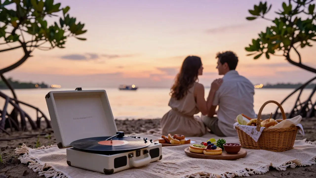 A luxurious sunset picnic by the mangroves with a vintage vinyl player and gourmet food under a golden sky.